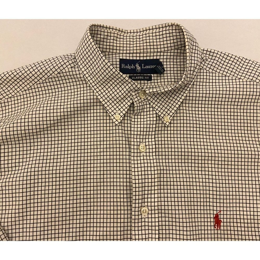 RALPH LAUREN Classic Fit Cotton Shirt White w/Black Checks, Mens XL 17.5 Neck